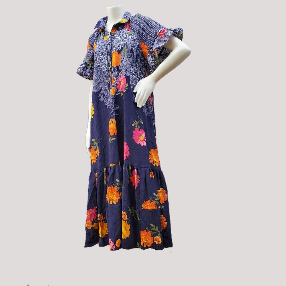 NEW Anthropologie Floral Blue Motif Midi Dress Navy blue floral Oversized Small - Picture 3 of 8